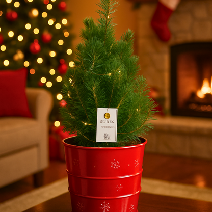 Christmas tree in red metal planter with lights