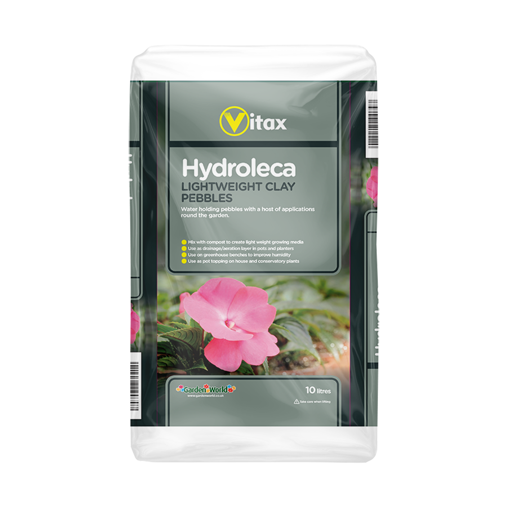 Vitax Hydroleca, light weight water-holding clay pebbles, an attractive mulch on potted plants - 10 litres sack